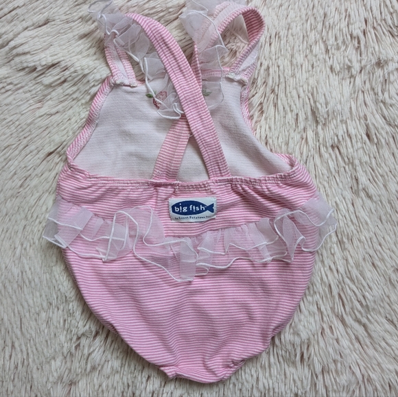 Big Fish by Sweet Potatoes One-piece Swimsuit Pink White Striped Embroidered 24m - Picture 2 of 7